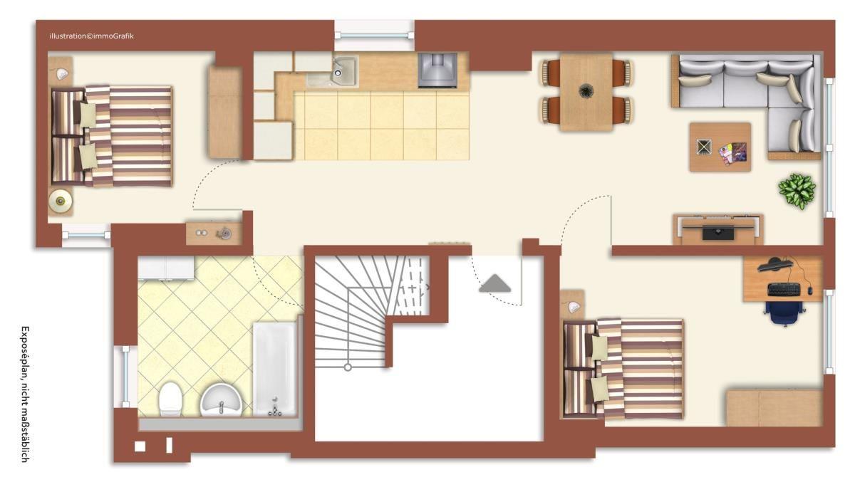 Wohnzimmer mit Sofa, Couchtisch und Fernseher an der Wand