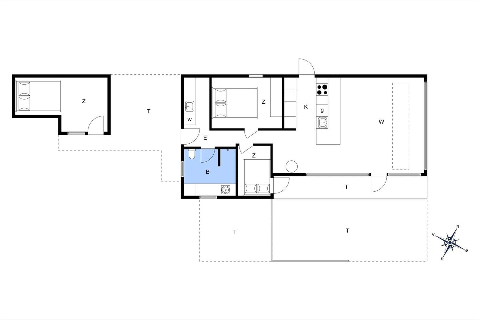 Symbolerklärung für Ferienhausgrundriss mit Raumbezeichnungen und Möbeln.