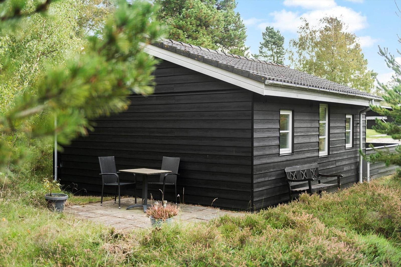 Backyard with black fence, garden table and grill area. Stone-paved path and trees in the background.