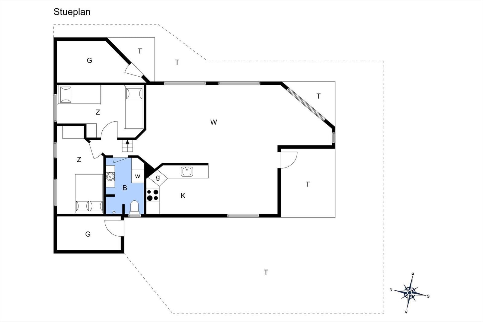 Stueplan zeigt Wohn- und Schlafzimmer, Küche und Bad mit markierten Räumen.
