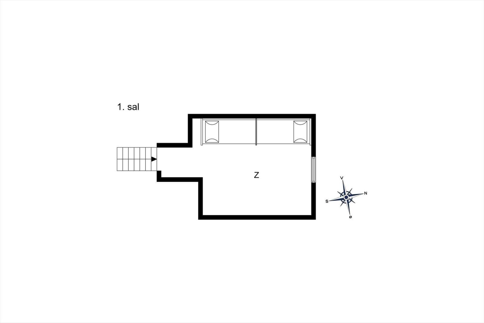 Stueplan zeigt Wohn- und Schlafzimmer, Küche, Bad und Terrasse.