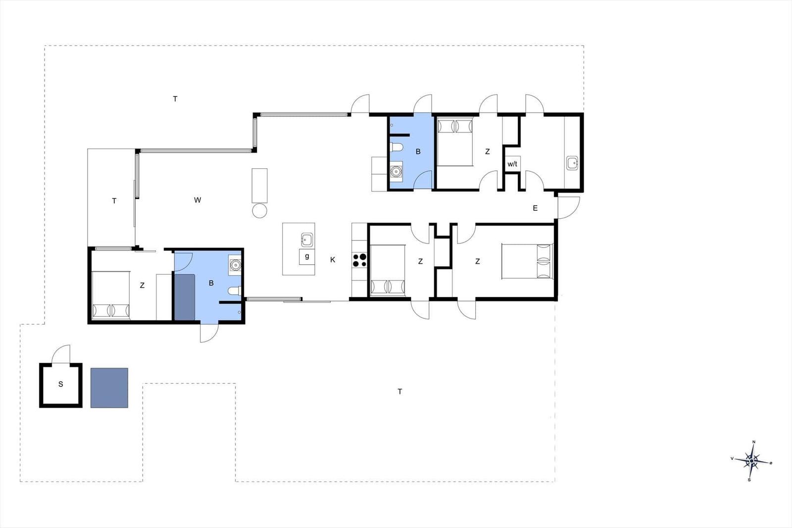 Funktionaler Grundriss mit Küche, Schlafzimmer und Bad. Raumlichkeiten klar getrennt.