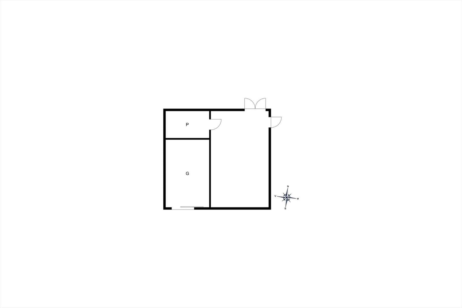 Funktionaler Grundriss mit Küche, Wohnbereich und Bad. Orientierung mit Kompass.