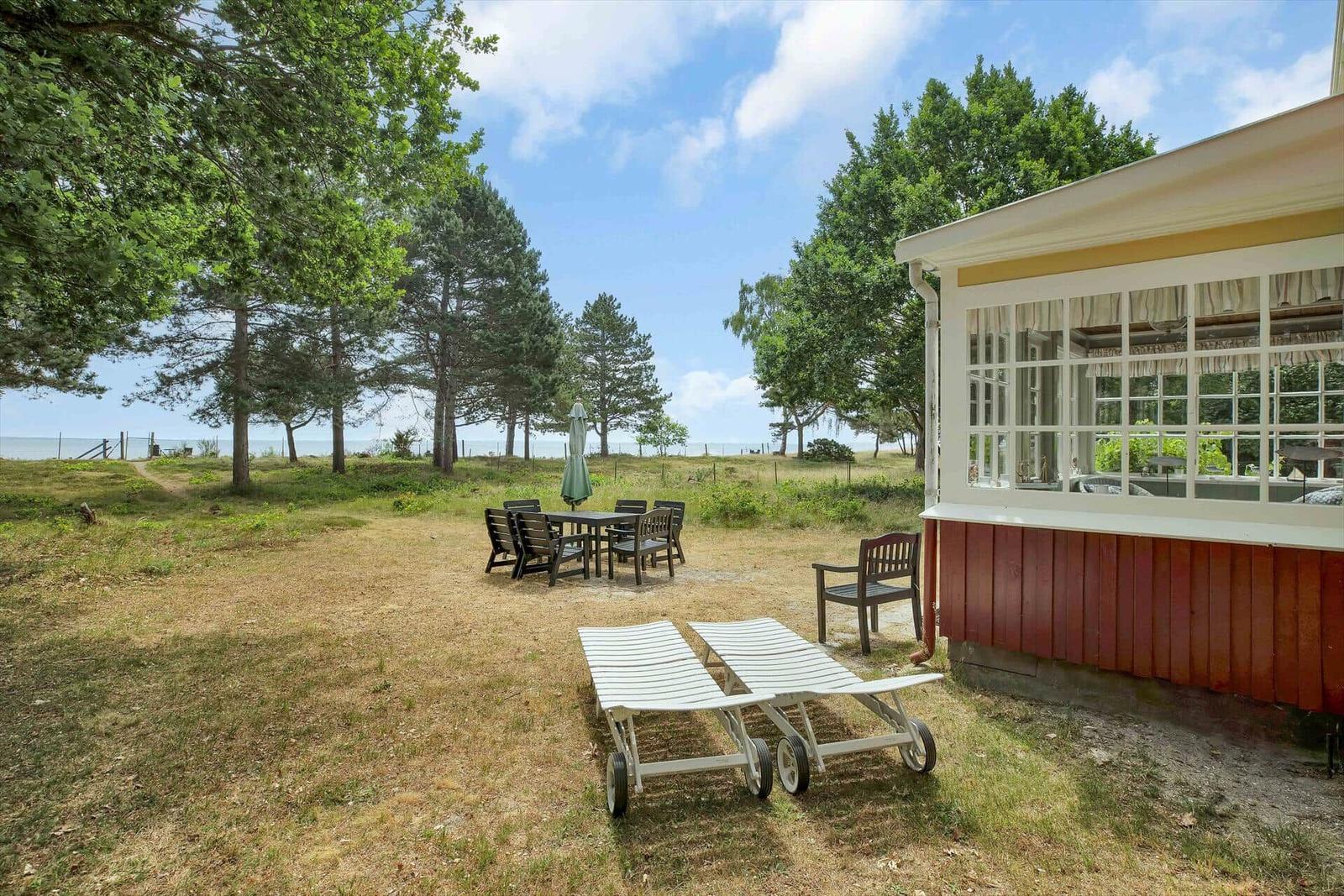 Ein gelbes Holzhaus mit rotem Dach und weißem Rahmen. Umgeben von Bäumen und Gras.