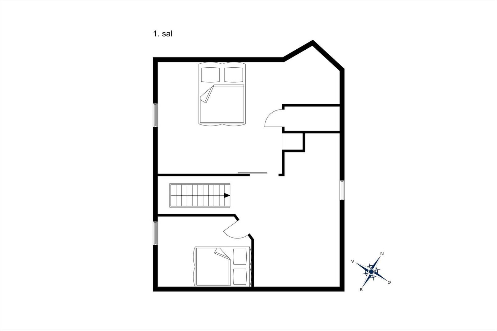 Floor plan shows bedroom, kitchen, bathroom, and staircase.