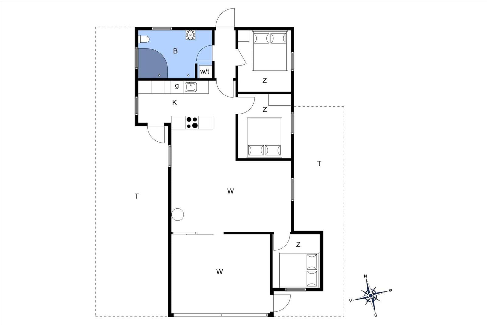 Wohnung mit drei Schlafzimmern, Küche und Bad. Raumübersicht mit Kompass.