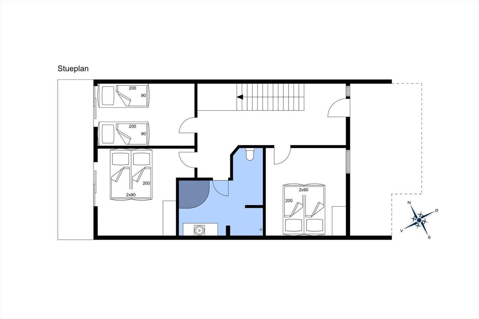 Stueplan zeigt Schlafzimmer, Bad und Küche mit Maßen und Orientierung.