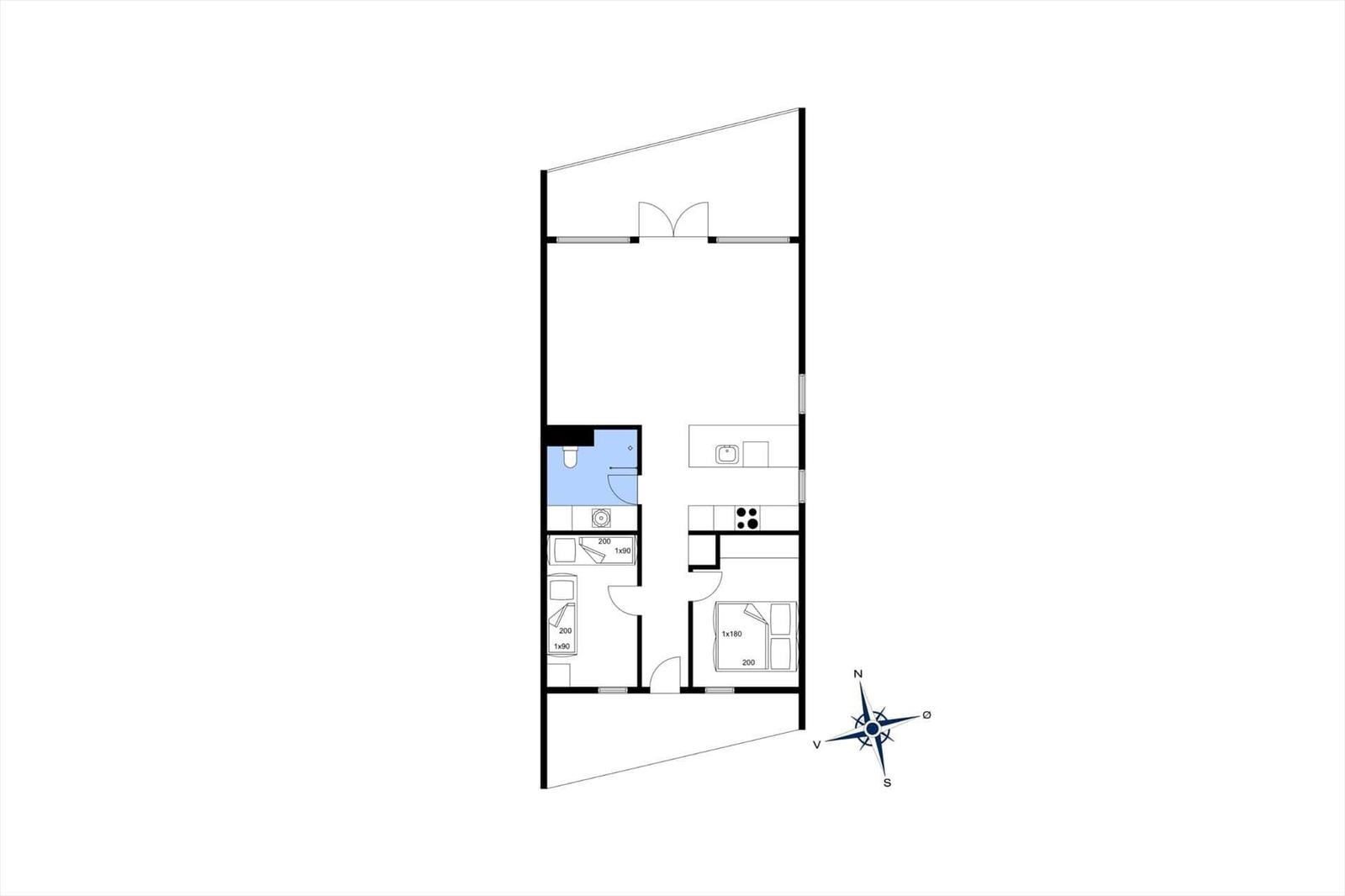 Apartment with kitchen, bathroom, and bedroom. Floor plan with compass.