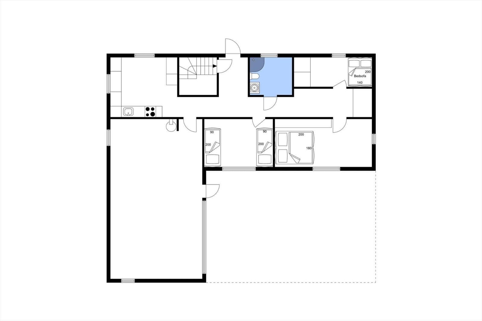 Dieses Grundriss zeigt eine Wohnung mit drei Schlafzimmern, einer Küche und einem Bad.