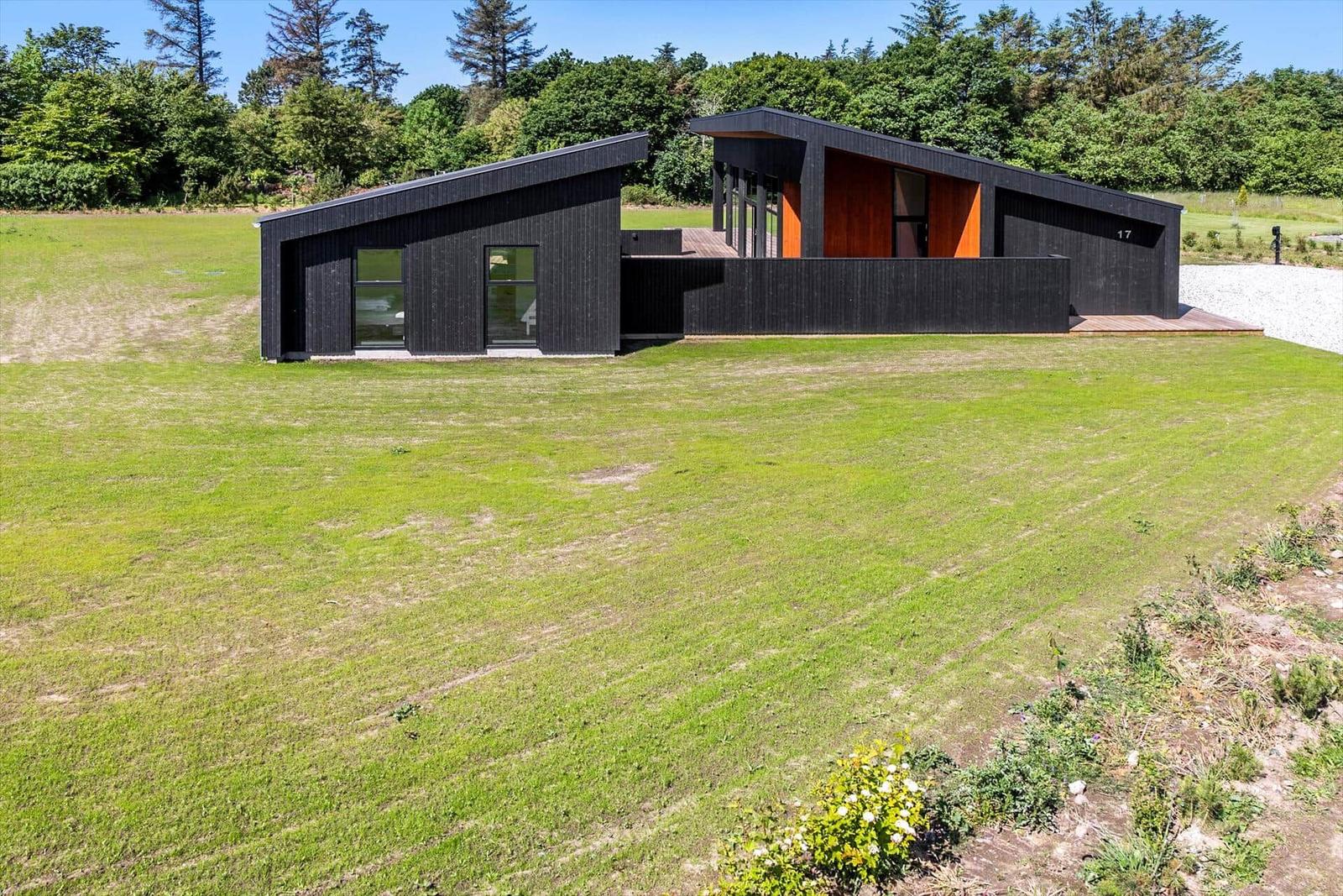 Moderne Villa mit schwarzem Holz und orangefarbenem Eingangsbereich auf grünem Grundstück.
