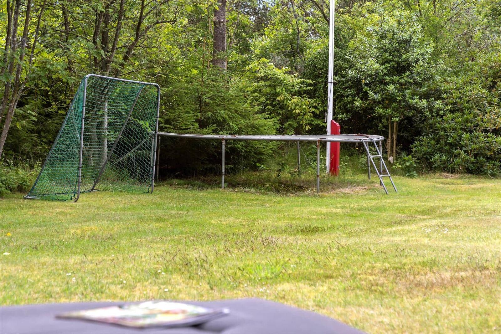 Backyard with lounge chairs, slide, and swing in the green.