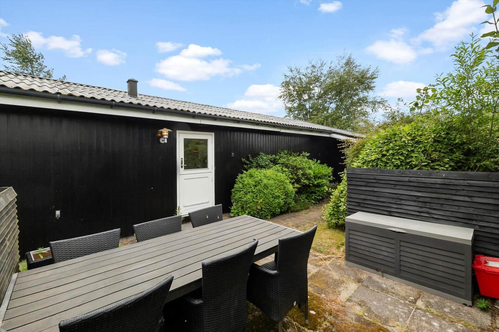 Zwei Häuser mit Garten und Bäumen unter blauem Himmel.