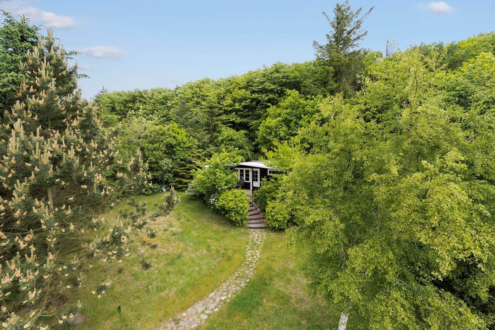 Haus mit Terrasse im Grünen, umgeben von Bäumen und einem Rasen