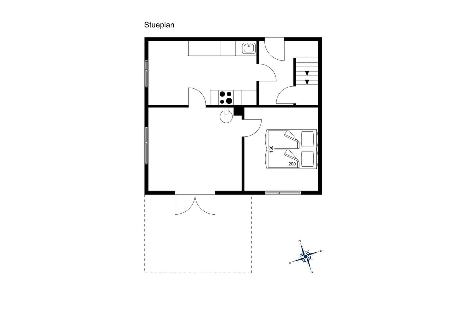 Stueplan zeigt Küche, Schlafzimmer und Bad mit Treppe.