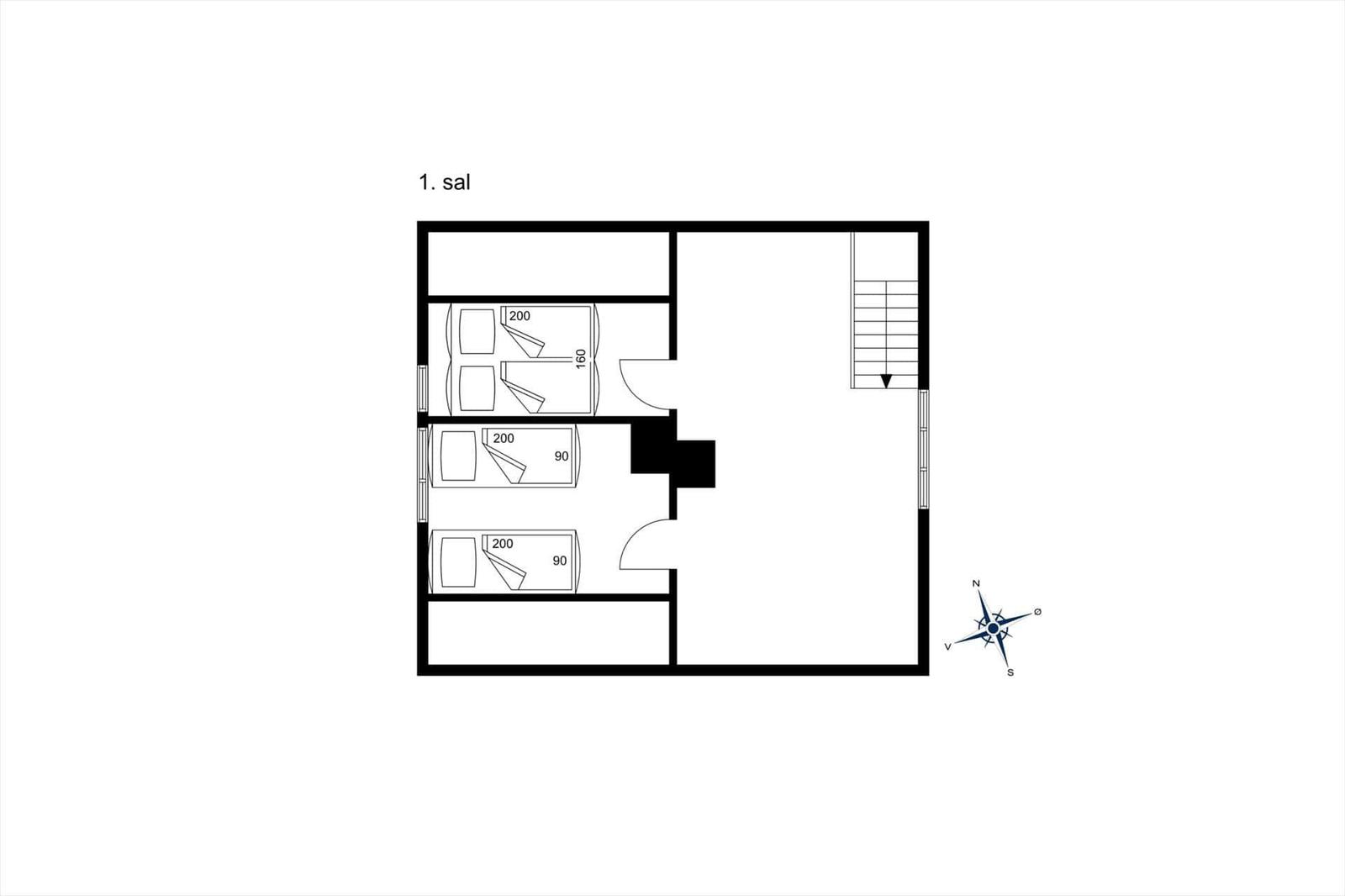 Erster Stock: drei Schlafzimmer, Treppe nach oben, Kompass zur Orientierung.