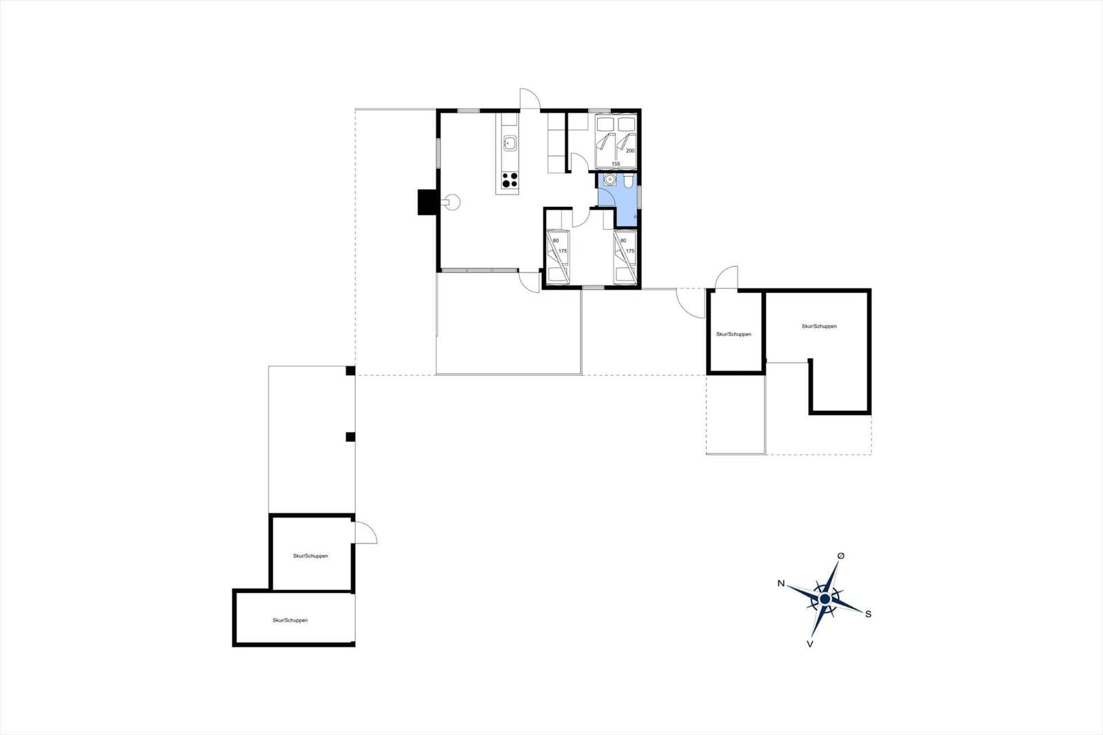 Wohnung mit Küche, Schlafzimmer und Bad. Mehrere Schuppen angebaut.