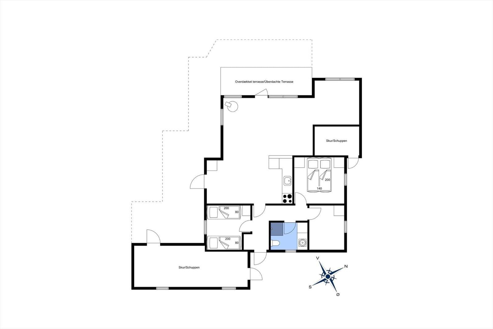 Funktionaler Grundriss mit zwei Schlafzimmern, Küche und überdachter Terrasse.