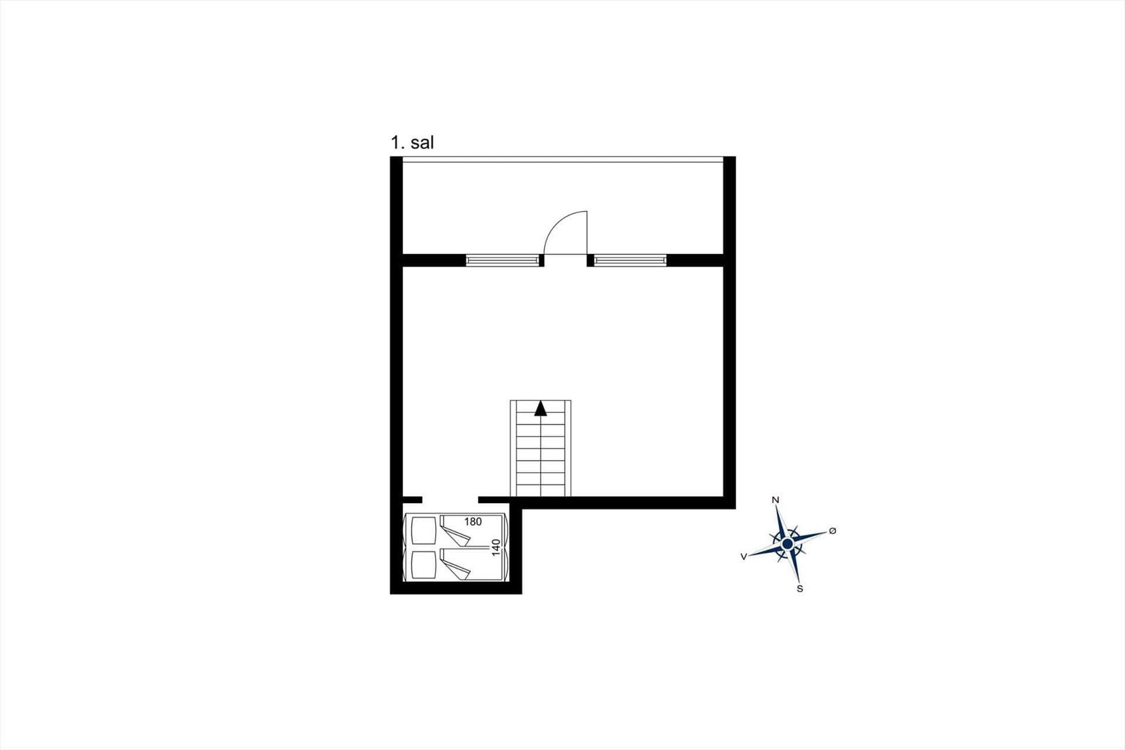 Stueplan zeigt Wohn- und Schlafzimmer, Küche und Bad mit Maßen.