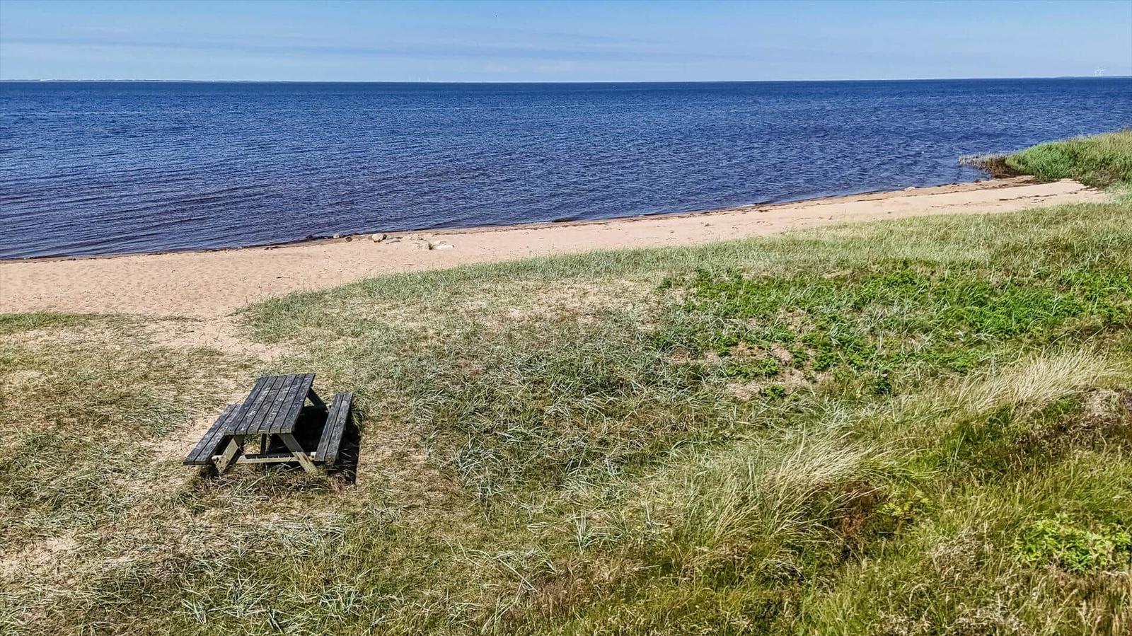 Holzpicknicktisch auf Gras neben Strand und Meer
