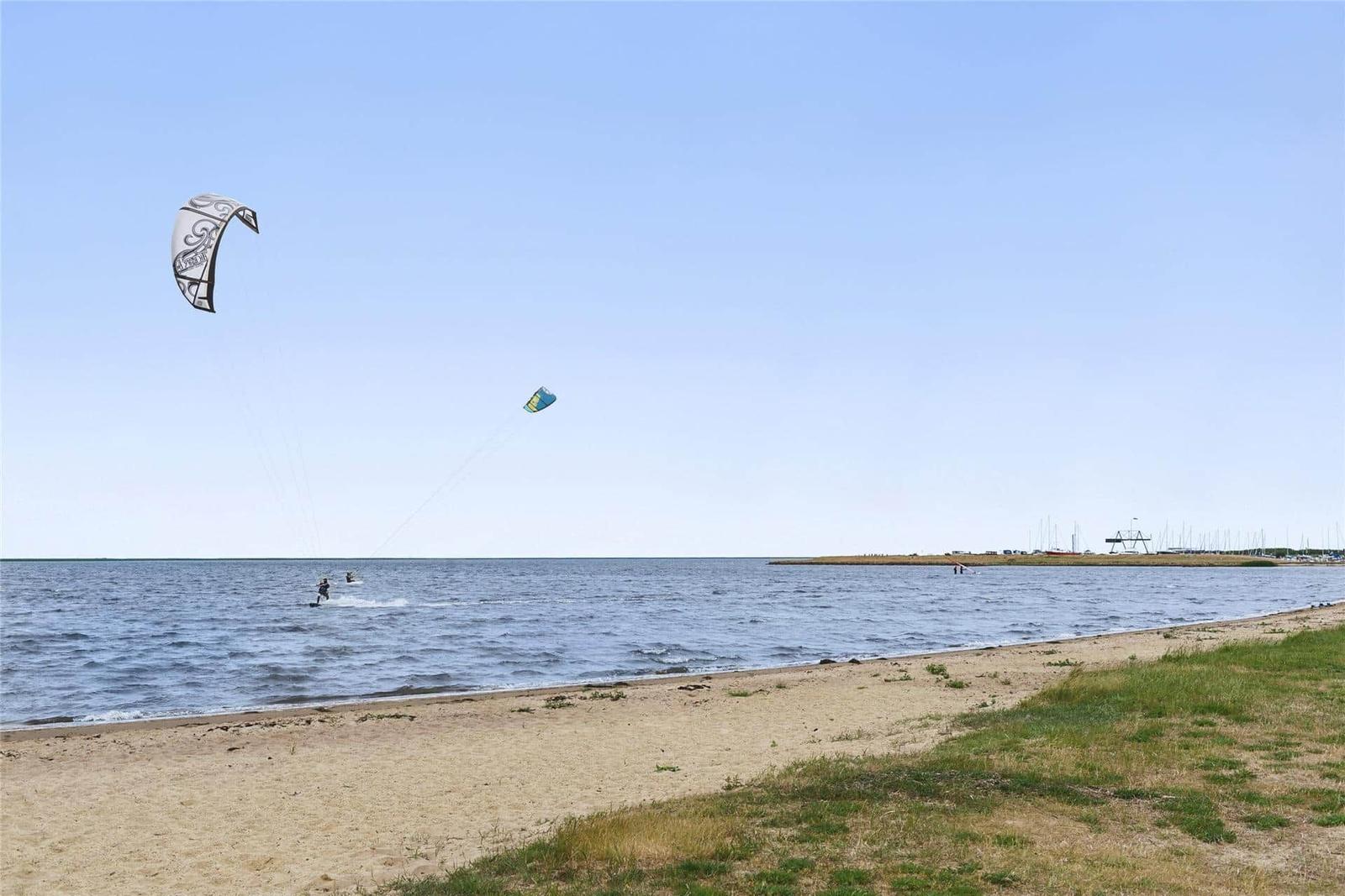 Windsurfer segelt auf dem Wasser, Strand im Vordergrund mit Sand und Pflanzen.