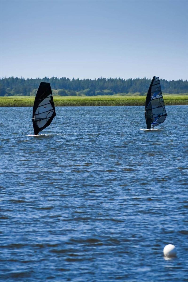 Bootshafen mit Segelbooten und Windsurfern am Wasser