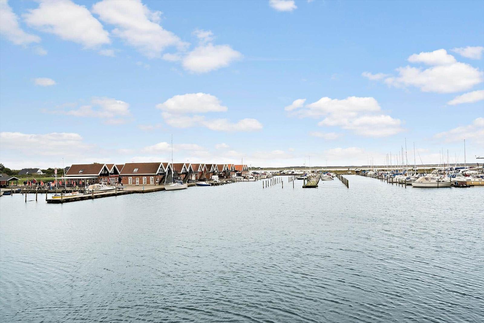 Rote Flagge an Mast, Hafen mit Booten und Häusern im Hintergrund.