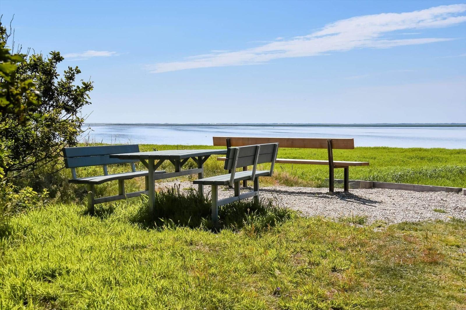 Weiterer Blick auf ruhiges Wasser und grüne Wiesen unter blauem Himmel.