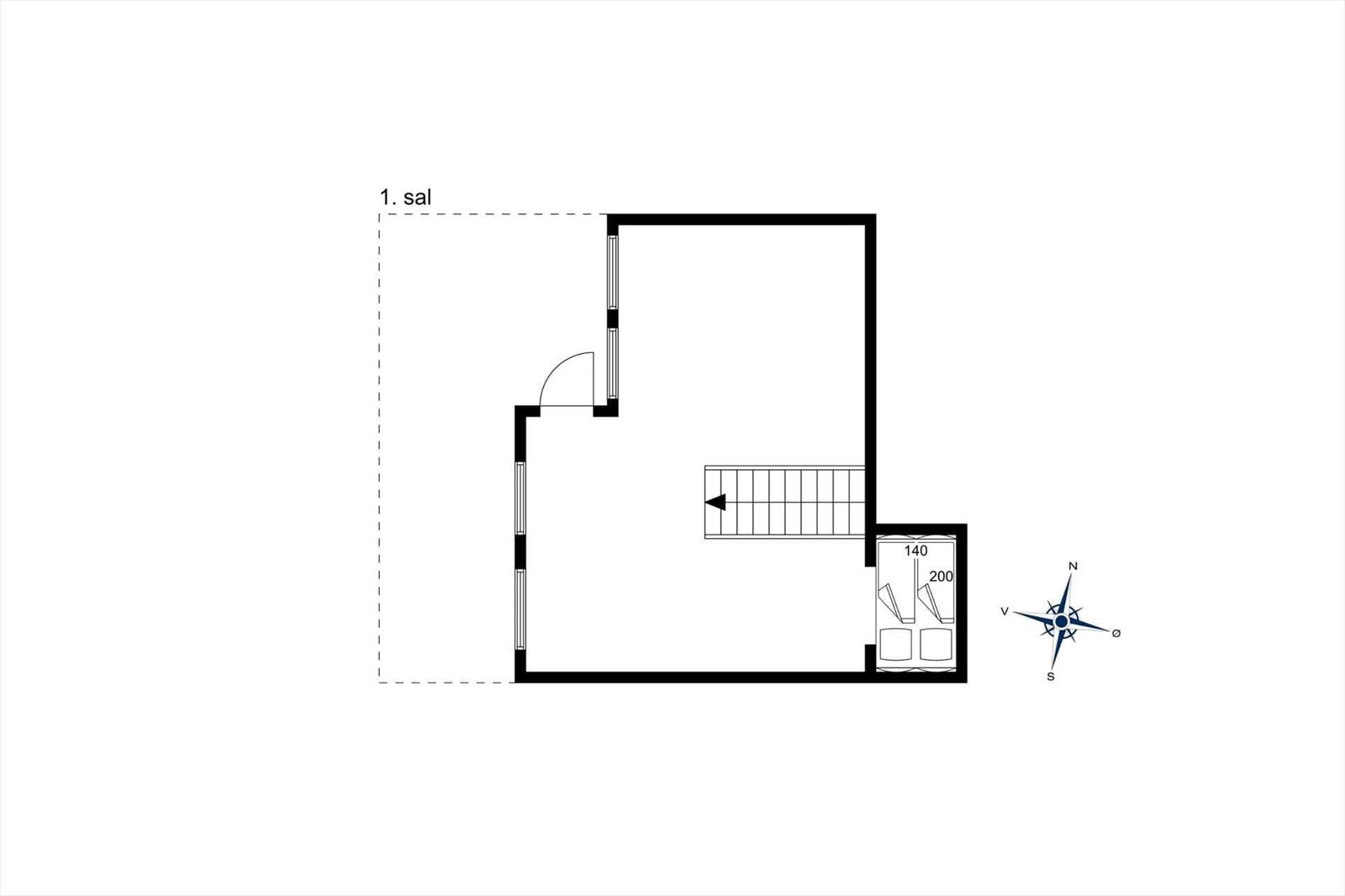 Stueplan zeigt Wohnraum, Küche, zwei Schlafzimmer und Bad mit Kompass.