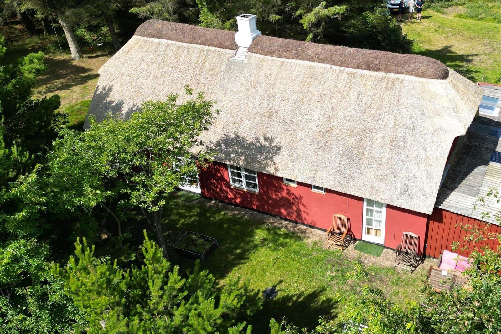 Eine Liegestuhl auf einer grünen Wiese mit Blick auf einen Wald und ein Haus im Hintergrund.
