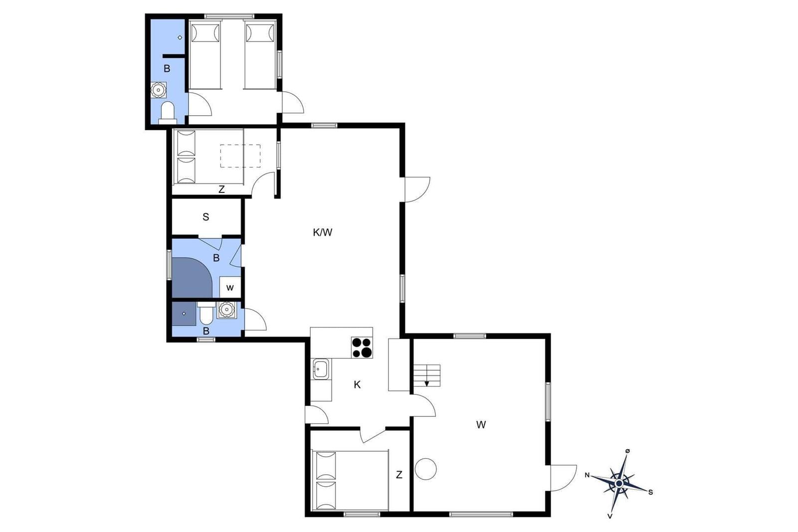 Simple floor plan of an apartment with two sleeping areas and a staircase.