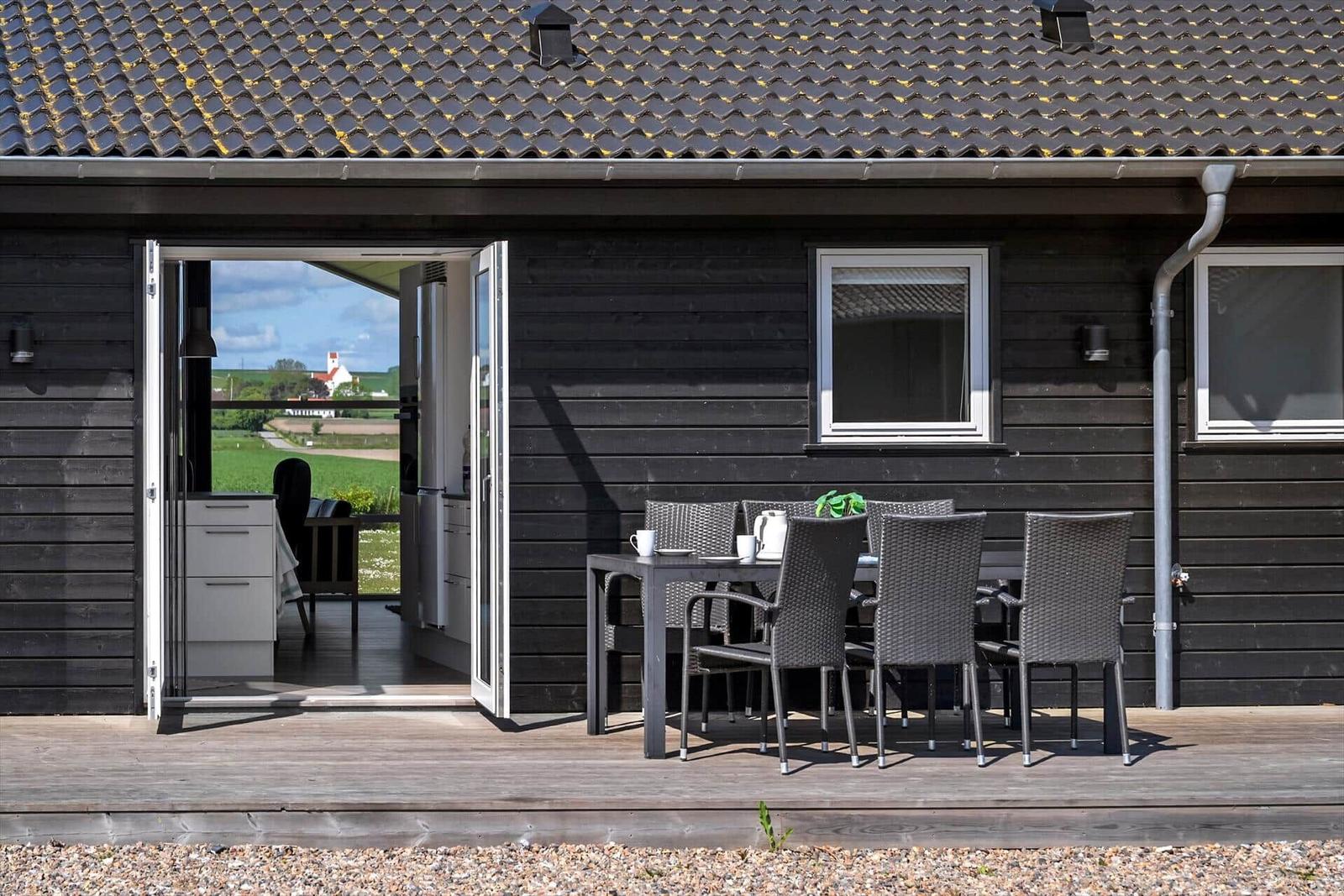 Weitläufige Felder mit Kartoffeln, Himmel mit Wolken und Ferienhaus im Hintergrund.