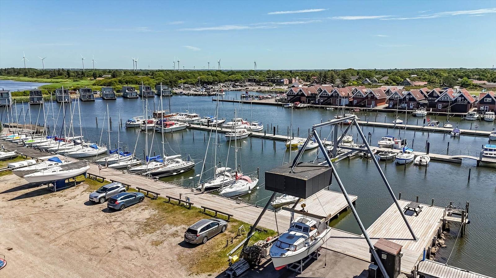 Marina with boats and houses along the waterfront