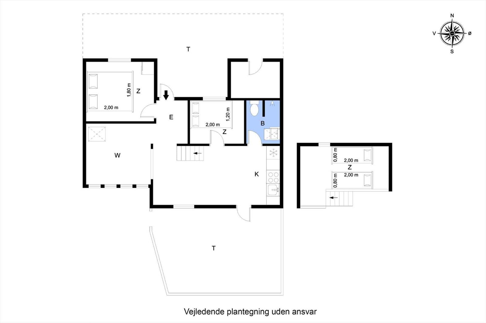 Wohnung mit Küche, Bad und Schlafzimmer. Treppenhaus und Terrasse.