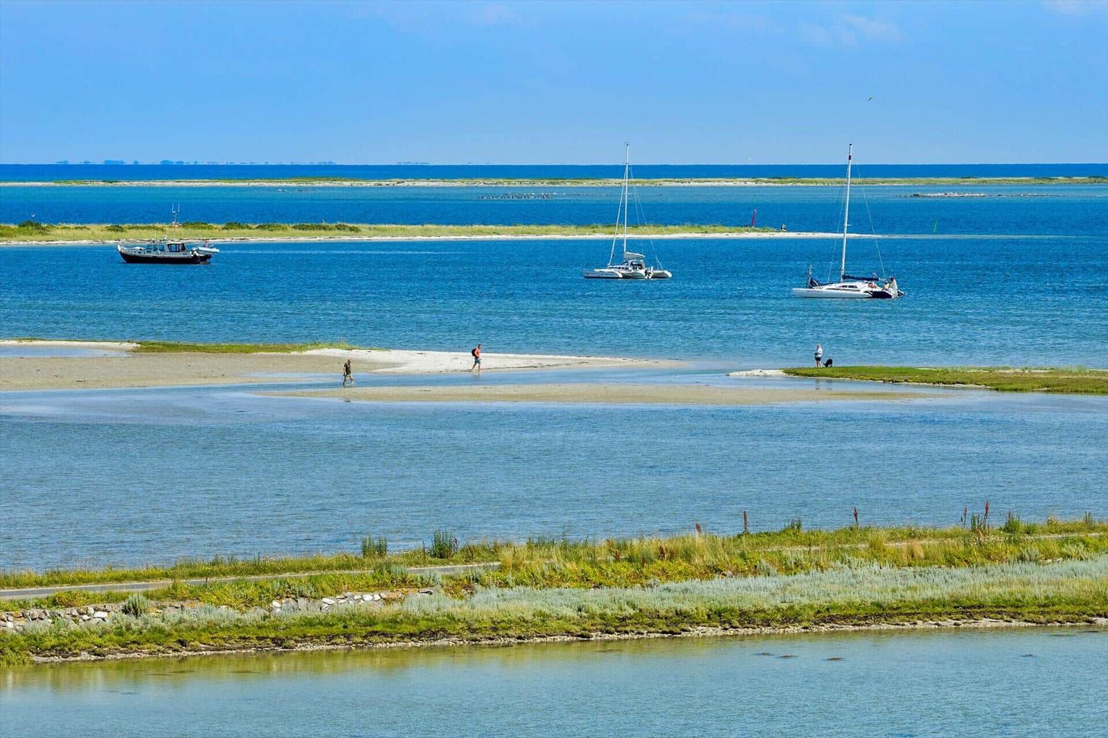 Harbor with sailboats and small boats under blue sky.