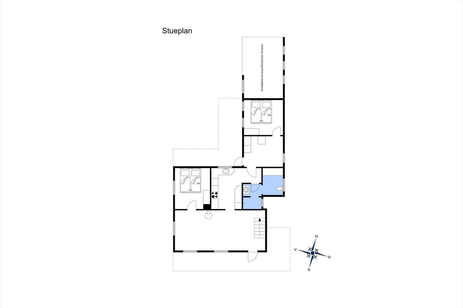 Floor plan shows two bedrooms, kitchen, bathroom, and covered terrace.