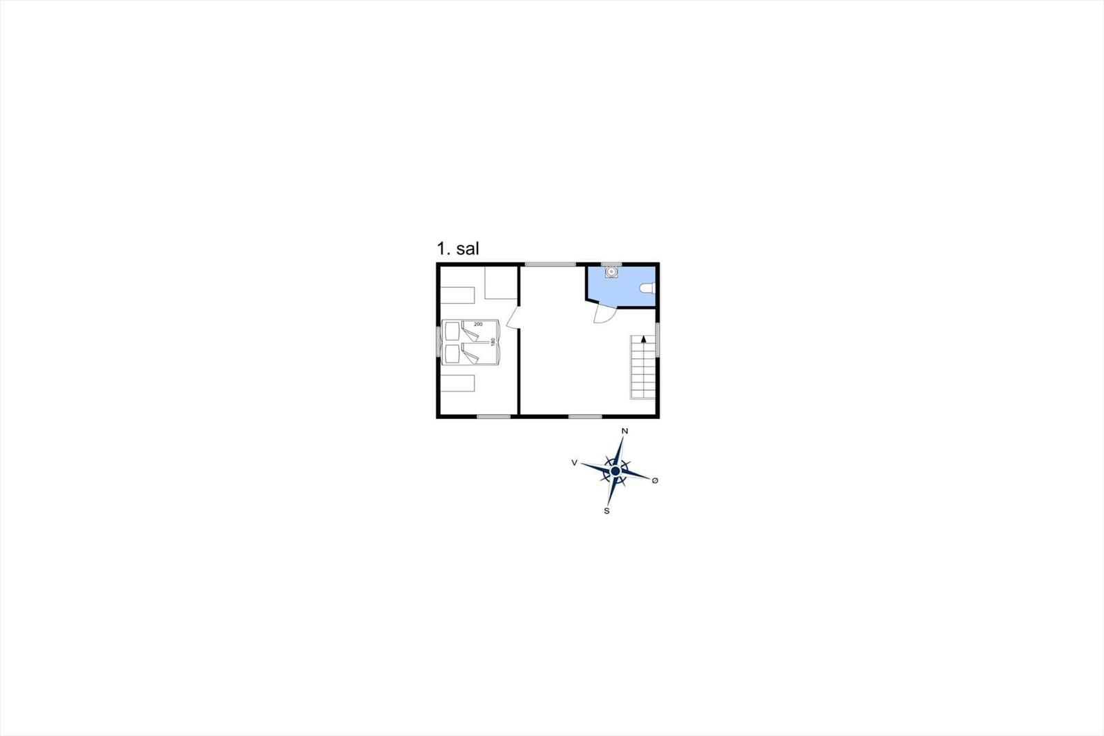 Ground floor plan with bedroom, bathroom, and stairs.
