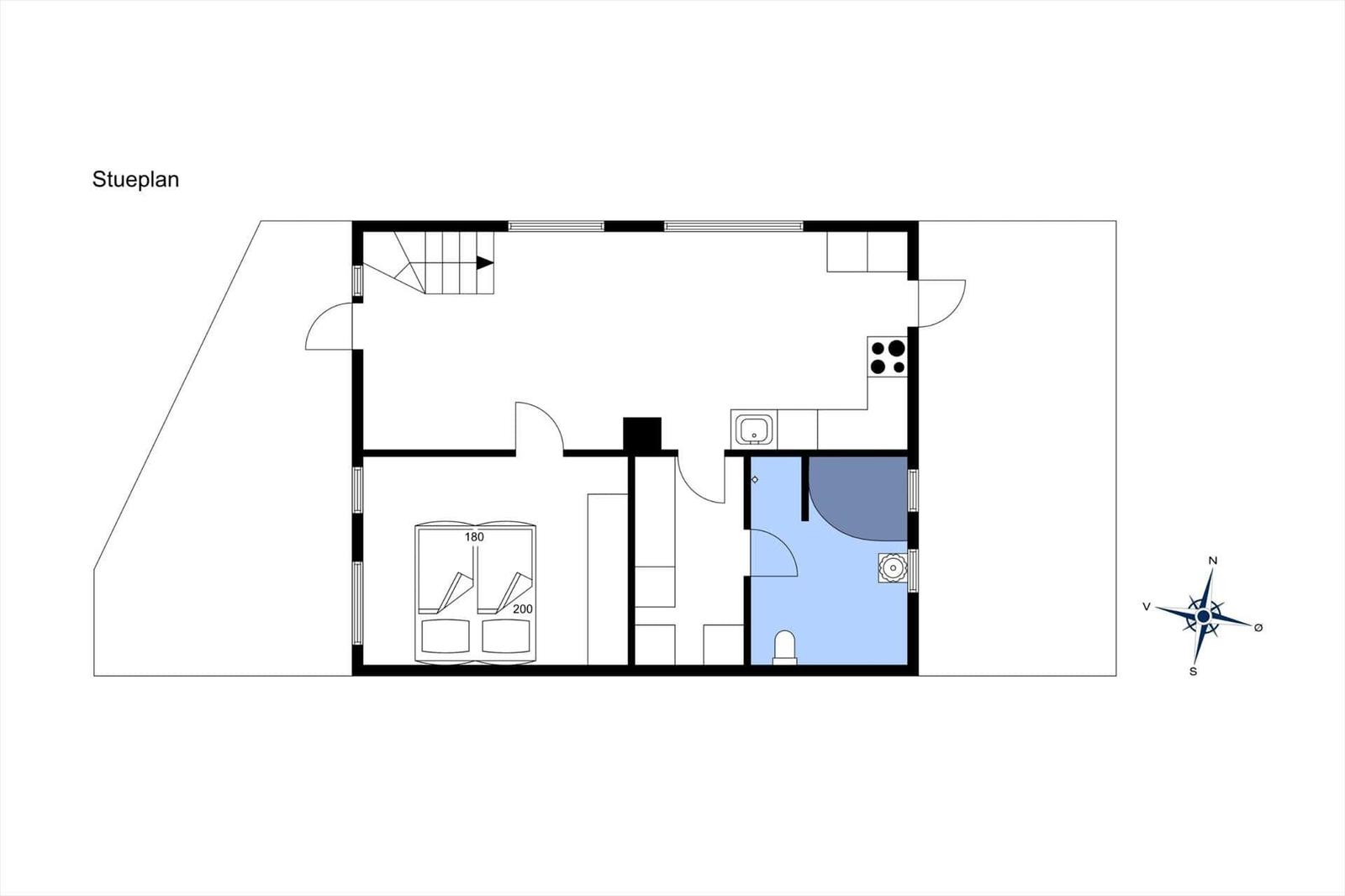 First floor with bedroom, bathroom, and stairs to next floor.