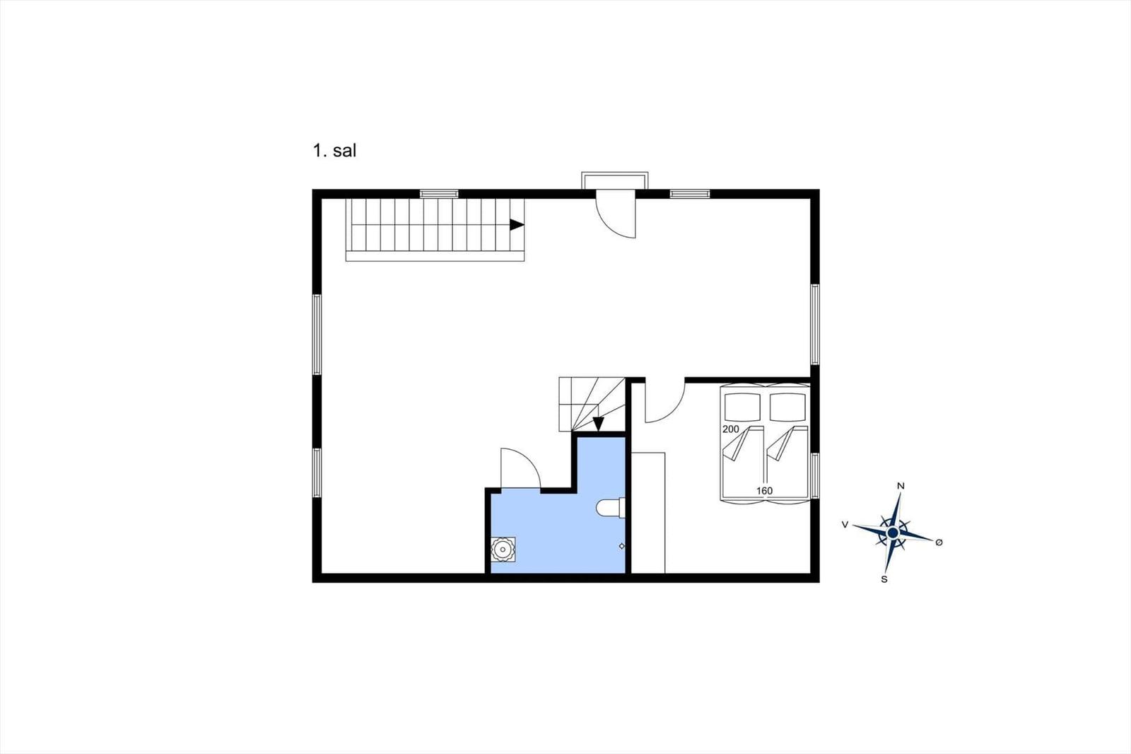 Second floor with bedroom, living area, and stairs to lower level.