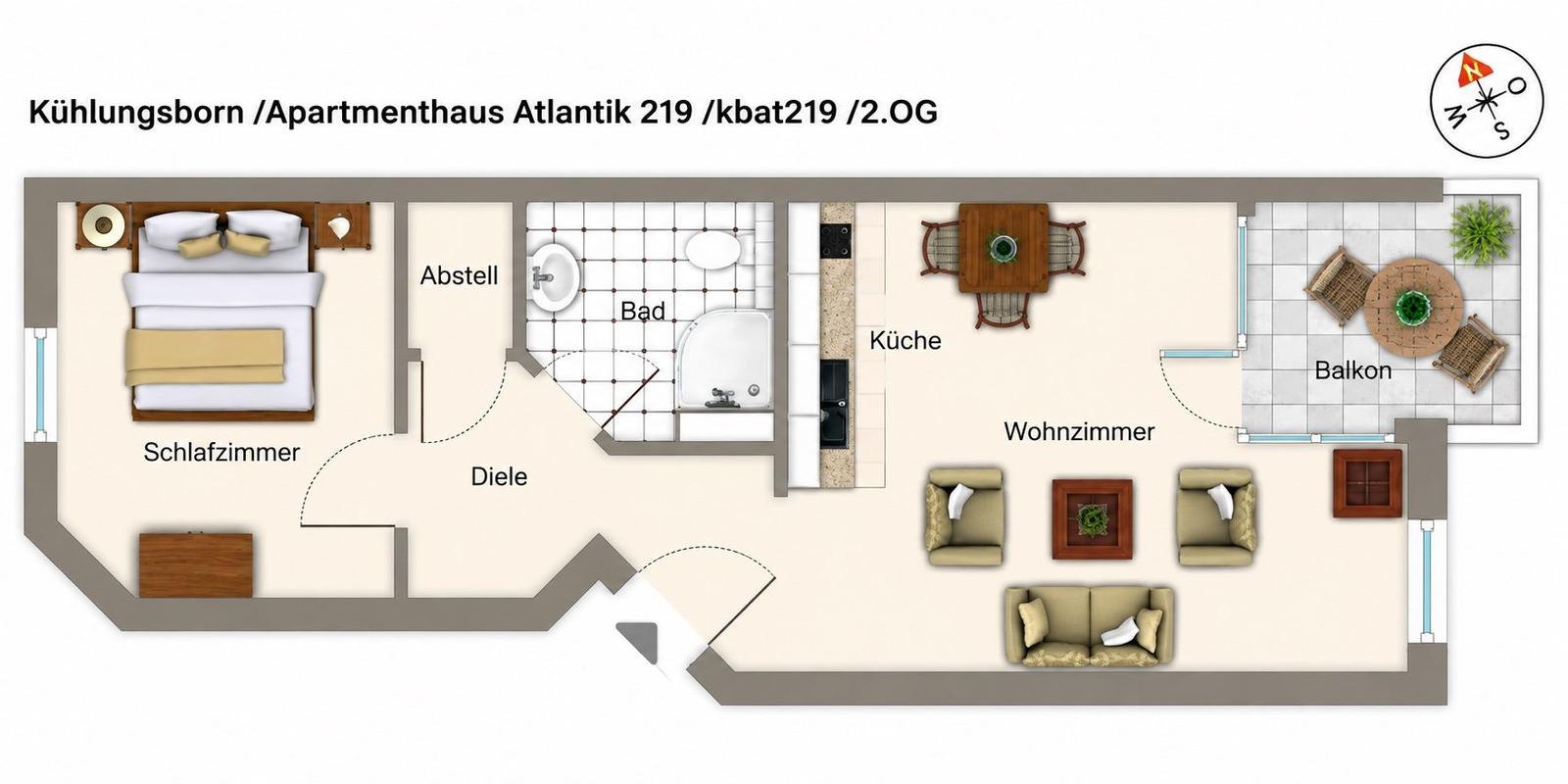 Dieses Apartment hat Schlafzimmer, Wohnzimmer, Küche, Bad und Balkon.