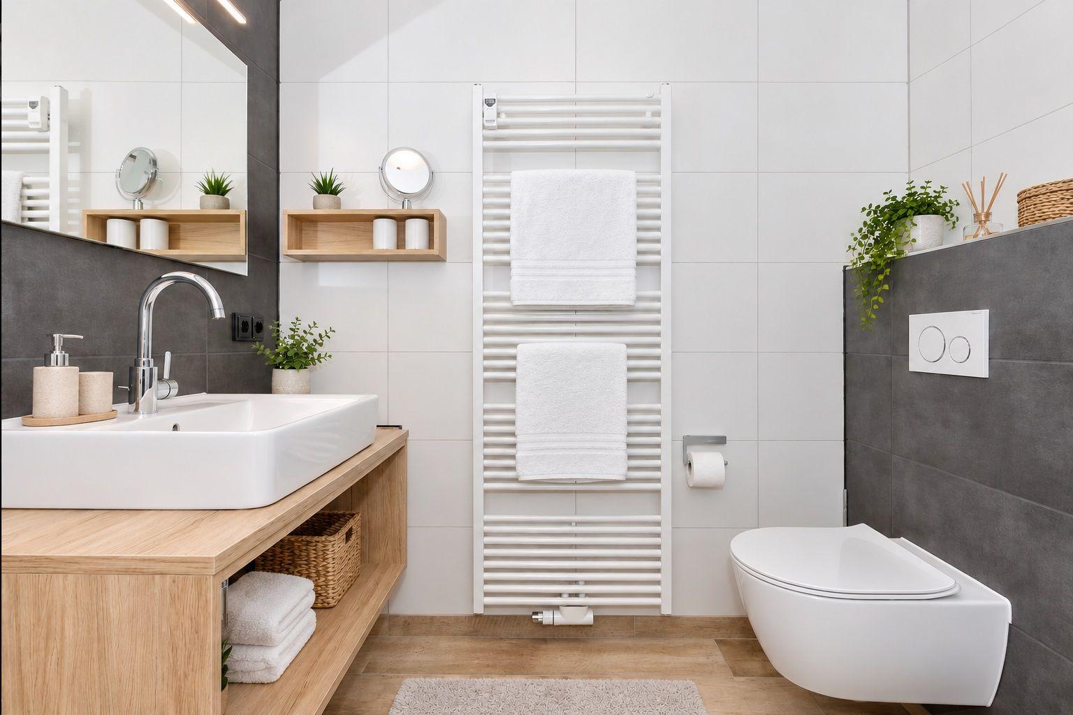 Badezimmer mit Waschbecken, Toilette und Heizkörper an Wand