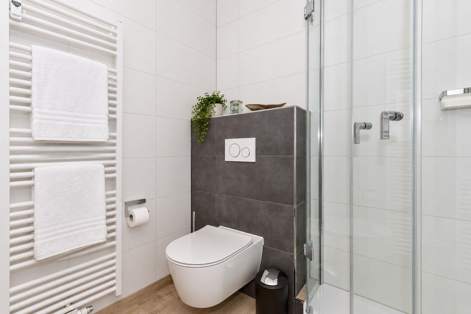 Badezimmer mit Toilette, Dusche und Heizung.