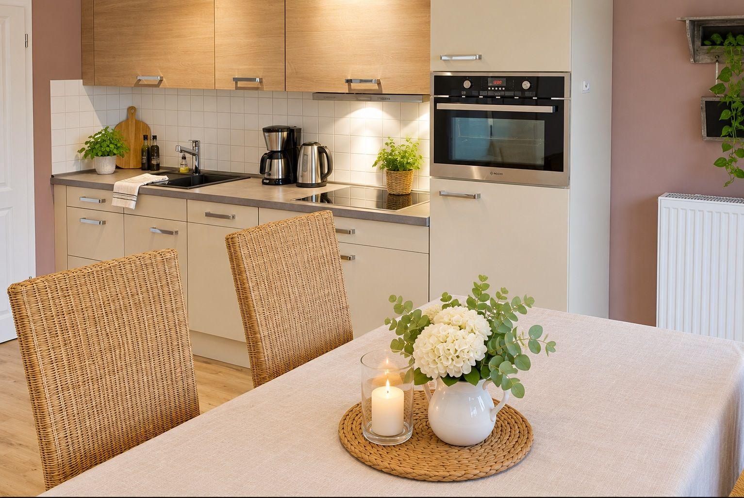 Küche mit Essbereich, Holztisch, Stühle und integriertem Backofen.