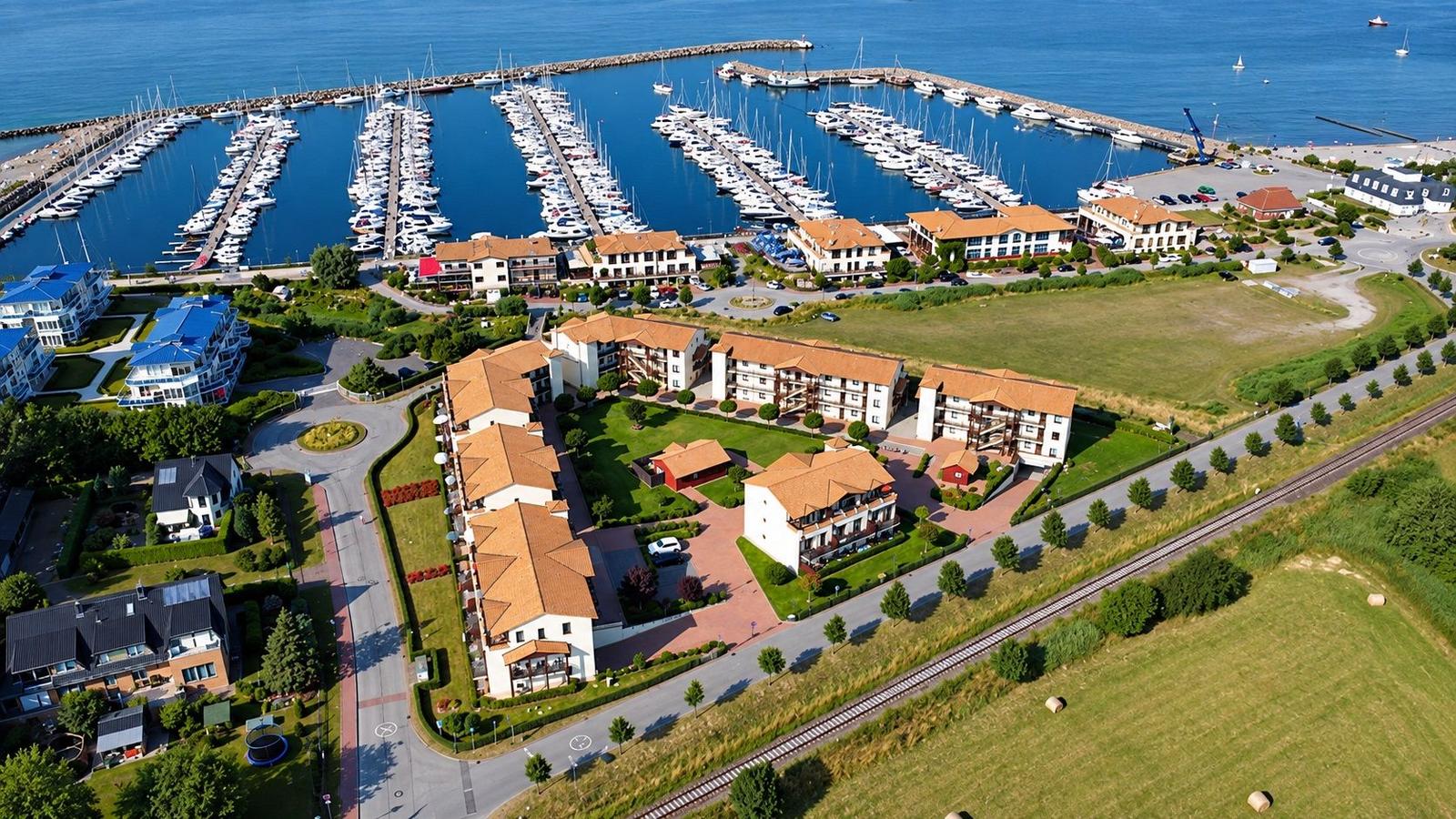 Häuser mit Terrassen und Marina mit Booten an der Küste