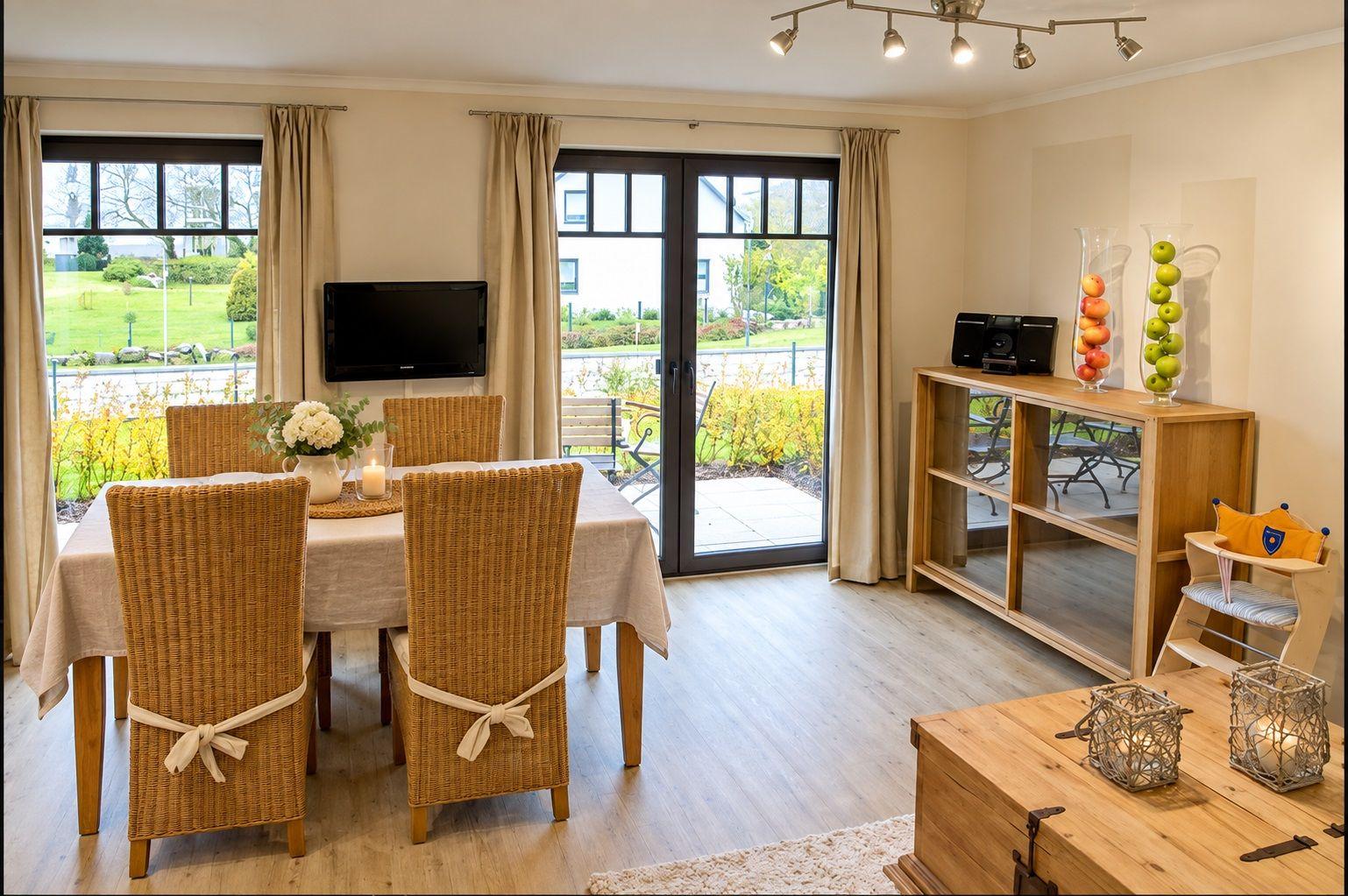 Esszimmer mit Holztisch, Rattanstühlen und Glasfront zur Terrasse.
