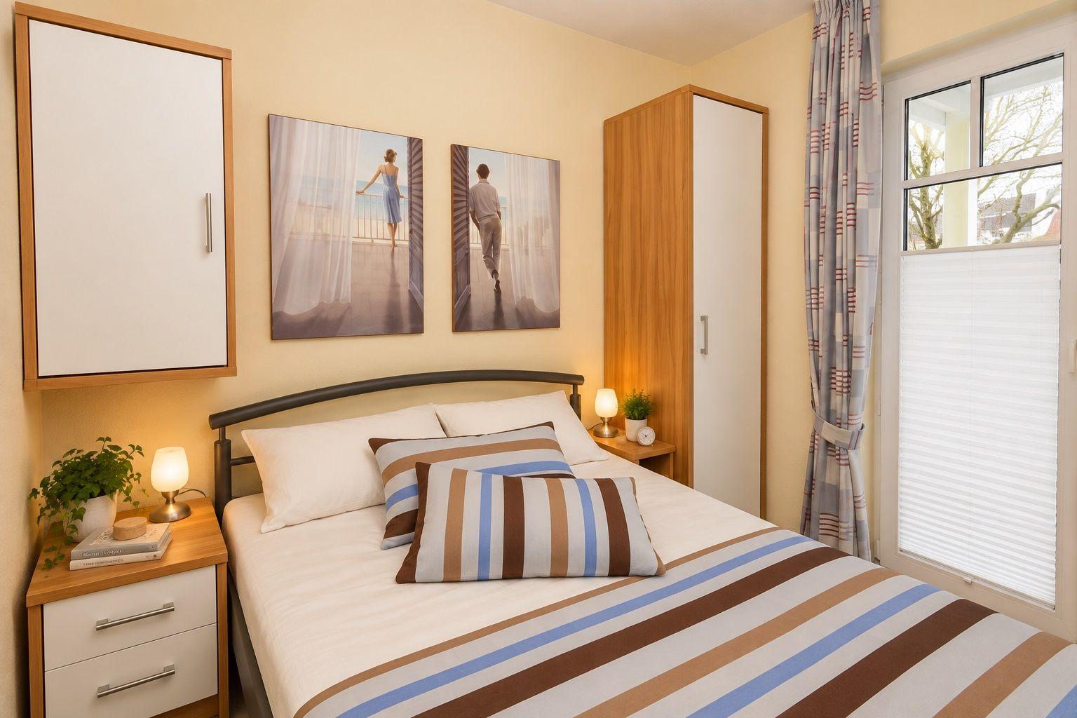 Schlafzimmer mit Bett, Nachttisch, Kleiderschrank und Fenster mit Jalousie.