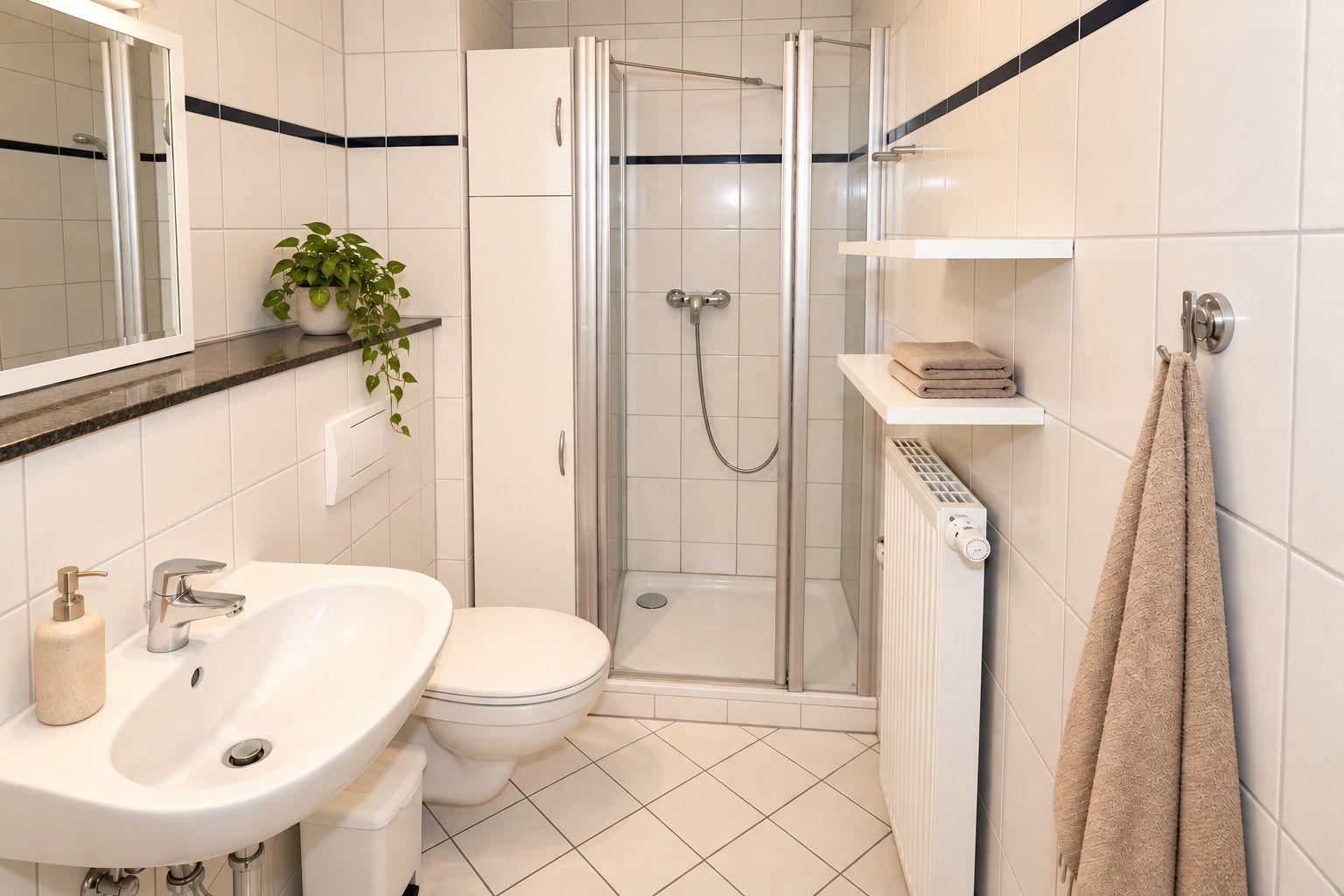 Badezimmer mit Dusche, Waschbecken und Toilette. Weiße Fliesen und Spiegel.