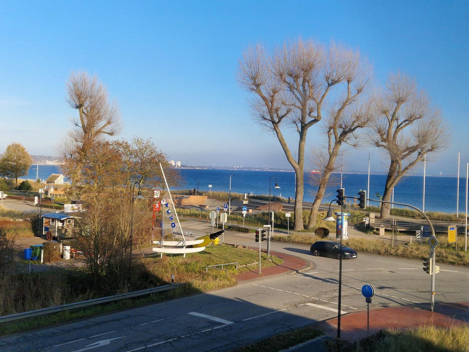 Blick auf den Strand mit Wasser und Bäumen