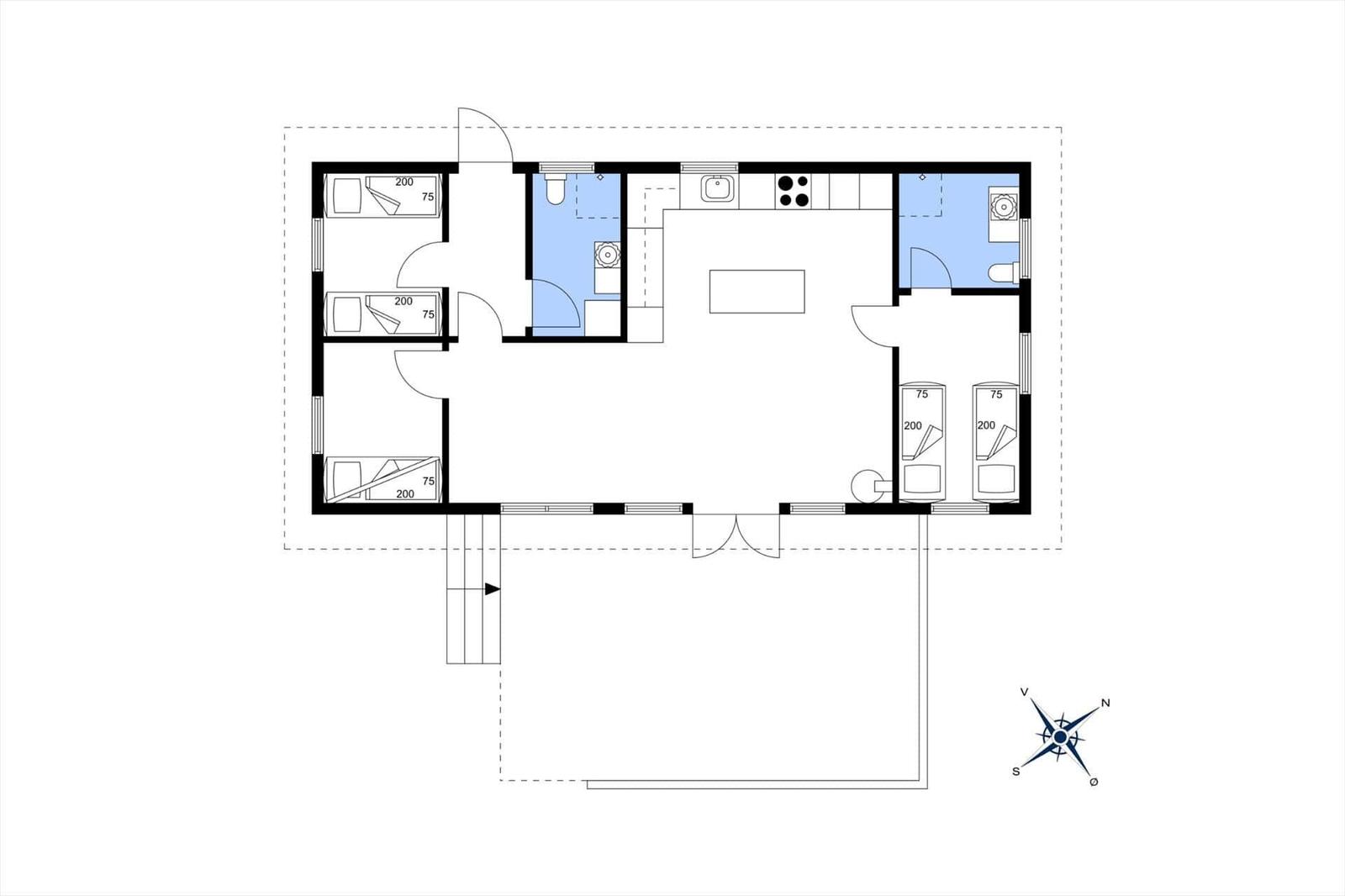 This house has three bedrooms, a kitchen, a bathroom, and a living area.
