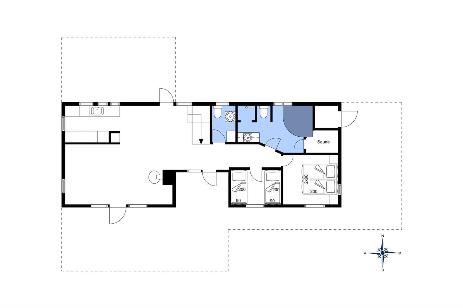 Dieses Apartment hat drei Schlafzimmer, eine Sauna und eine Küche.