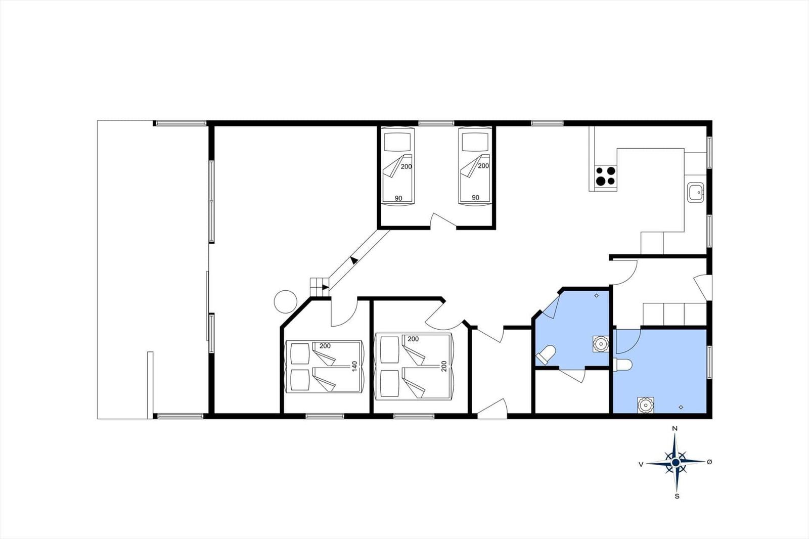 Apartment with three bedrooms, kitchen, and bathroom. Floor plan shows room layout.